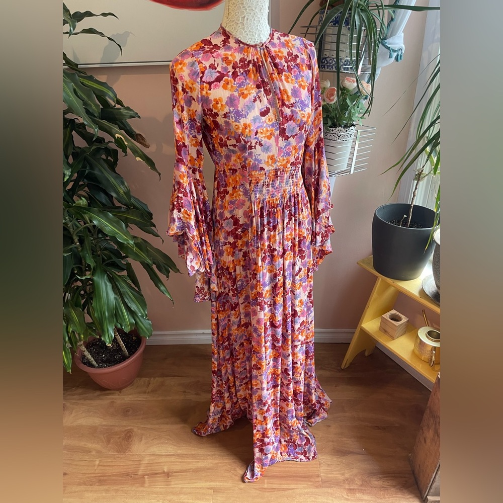 Gorgeous Pink Floral Print Gown with Bishop Sleeves by Timo